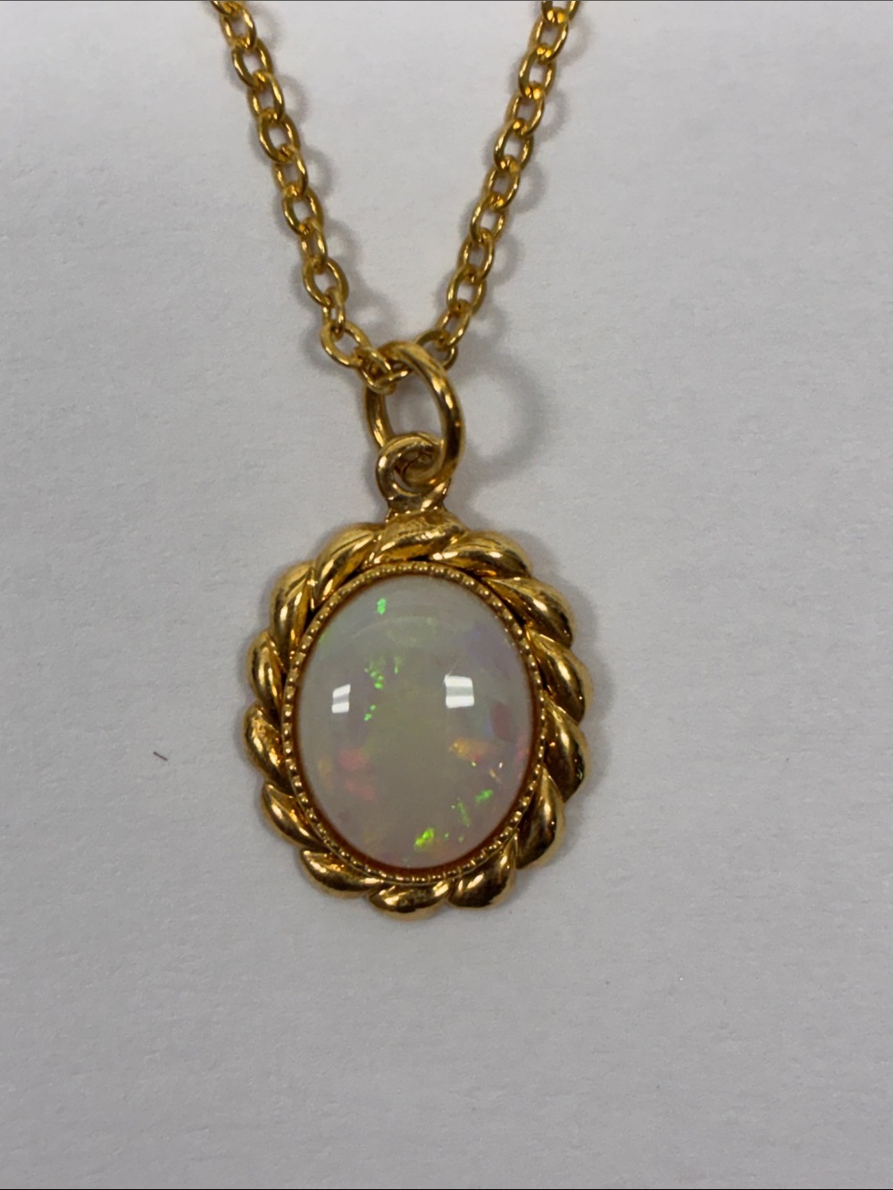 Gold Opal Oval Pendant Necklace - Iridescent White Opal - 16” chain